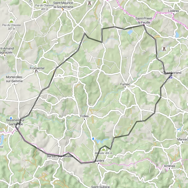 Map miniature of "Bessines-sur-Gartempe to Le Puy Teigneux" cycling inspiration in Limousin, France. Generated by Tarmacs.app cycling route planner