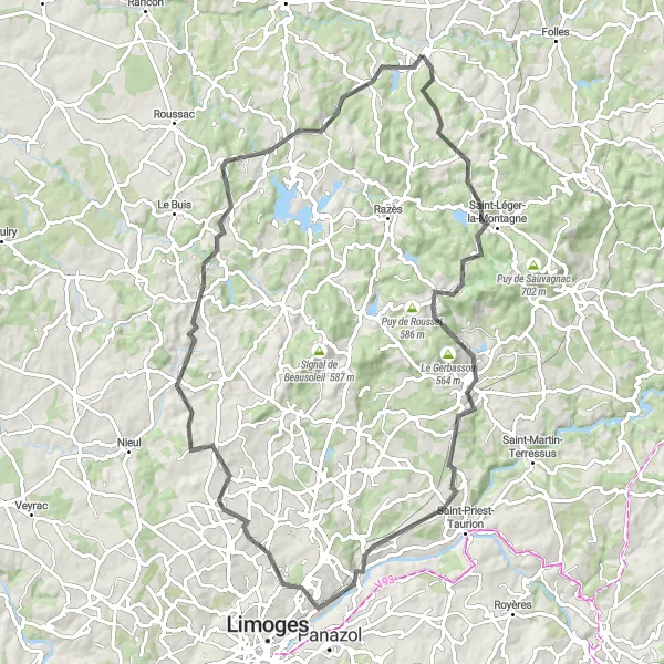 Miniature de la carte de l'inspiration cycliste "Exploration des reliefs limousins" dans la Limousin, France. Générée par le planificateur d'itinéraire cycliste Tarmacs.app