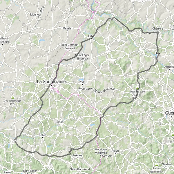 Miniature de la carte de l'inspiration cycliste "Grand tour à travers Creuse et Haute-Vienne" dans la Limousin, France. Générée par le planificateur d'itinéraire cycliste Tarmacs.app