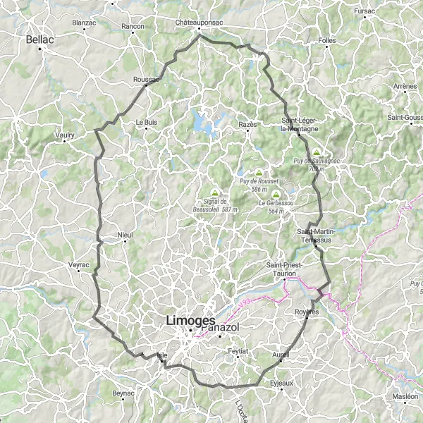 Map miniature of "The Volcanic Circuit" cycling inspiration in Limousin, France. Generated by Tarmacs.app cycling route planner