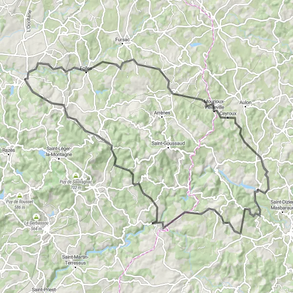 Miniature de la carte de l'inspiration cycliste "Route des Crêtes Limousin" dans la Limousin, France. Générée par le planificateur d'itinéraire cycliste Tarmacs.app