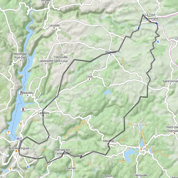 Map miniature of "The Châteaux Discovery Route" cycling inspiration in Limousin, France. Generated by Tarmacs.app cycling route planner