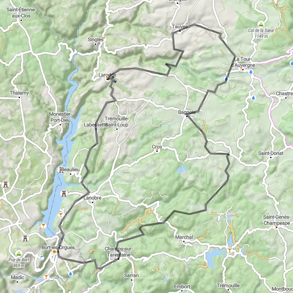 Miniature de la carte de l'inspiration cycliste "Les montagnes secrètes" dans la Limousin, France. Générée par le planificateur d'itinéraire cycliste Tarmacs.app