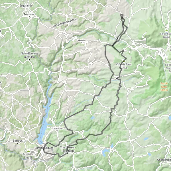 Miniature de la carte de l'inspiration cycliste "Tour des Monts du Sancy" dans la Limousin, France. Générée par le planificateur d'itinéraire cycliste Tarmacs.app