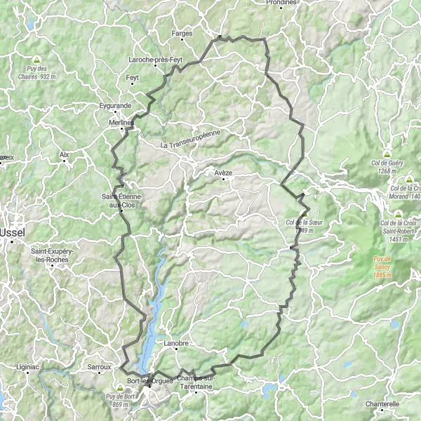 Miniature de la carte de l'inspiration cycliste "Traversée des Monts Dore" dans la Limousin, France. Générée par le planificateur d'itinéraire cycliste Tarmacs.app