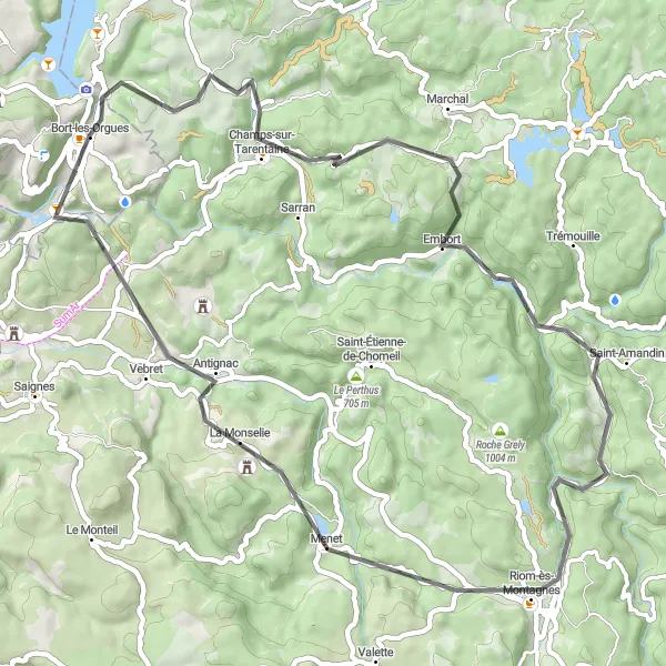 Miniature de la carte de l'inspiration cycliste "Tour du Cantal" dans la Limousin, France. Générée par le planificateur d'itinéraire cycliste Tarmacs.app