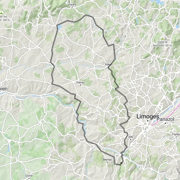 Map miniature of "Undulating Limousin Loop" cycling inspiration in Limousin, France. Generated by Tarmacs.app cycling route planner