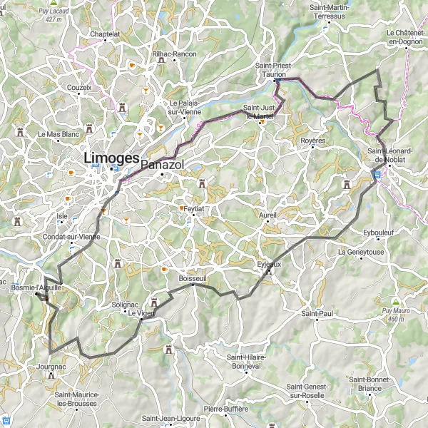 Map miniature of "Scenic Tour of Limousin" cycling inspiration in Limousin, France. Generated by Tarmacs.app cycling route planner