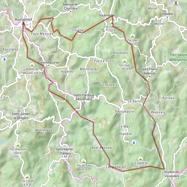 Map miniature of "Bourganeuf Gravel Loop" cycling inspiration in Limousin, France. Generated by Tarmacs.app cycling route planner