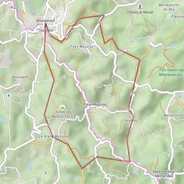 Map miniature of "Bourganeuf Gravel Adventure" cycling inspiration in Limousin, France. Generated by Tarmacs.app cycling route planner