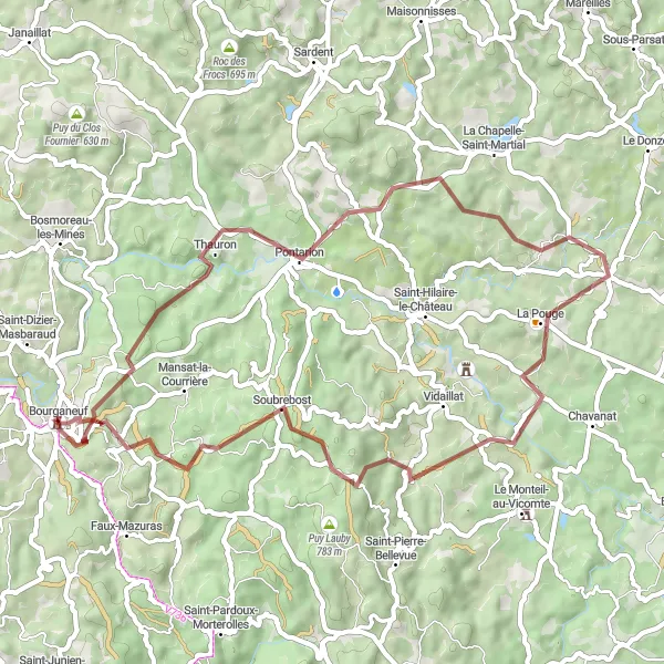 Miniature de la carte de l'inspiration cycliste "Bourganeuf vers Tour Zizim" dans la Limousin, France. Générée par le planificateur d'itinéraire cycliste Tarmacs.app