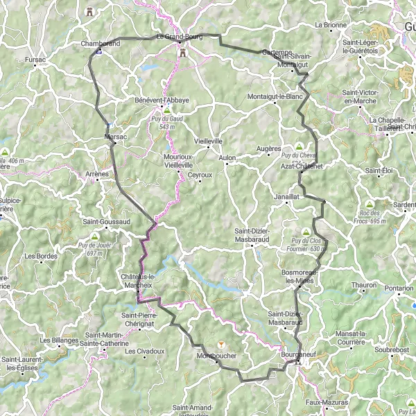 Miniature de la carte de l'inspiration cycliste "Sur les Chemins du Marcheix" dans la Limousin, France. Générée par le planificateur d'itinéraire cycliste Tarmacs.app