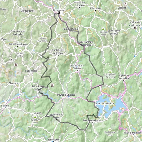 Map miniature of "The Lake Circuit" cycling inspiration in Limousin, France. Generated by Tarmacs.app cycling route planner