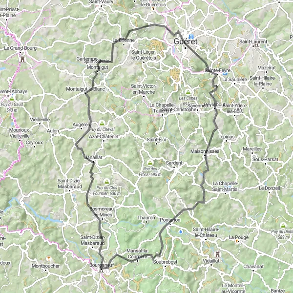 Miniature de la carte de l'inspiration cycliste "Bosmoreau-les-Mines à Mansat-la-Courrière" dans la Limousin, France. Générée par le planificateur d'itinéraire cycliste Tarmacs.app