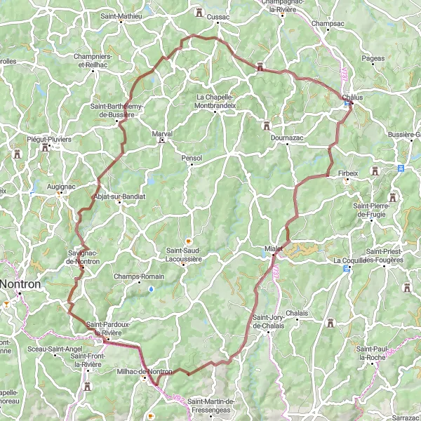 Map miniature of "Milhac-de-Nontron and Saint-Barthélemy-de-Bussière Gravel Loop" cycling inspiration in Limousin, France. Generated by Tarmacs.app cycling route planner