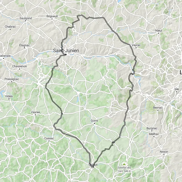 Map miniature of "Oradour-sur-Vayres and Javerdat Loop" cycling inspiration in Limousin, France. Generated by Tarmacs.app cycling route planner