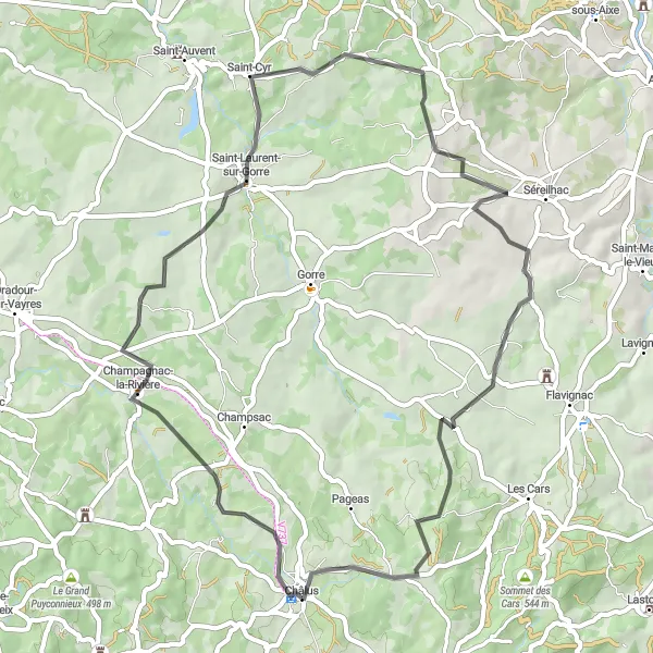 Map miniature of "Châlus Loop Road Cycling Route" cycling inspiration in Limousin, France. Generated by Tarmacs.app cycling route planner