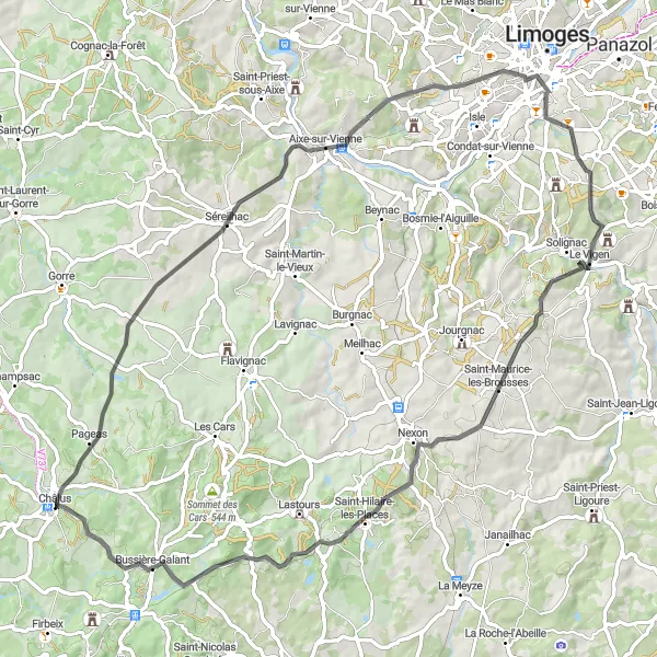 Map miniature of "Séreilhac and Bussière-Galant Loop" cycling inspiration in Limousin, France. Generated by Tarmacs.app cycling route planner