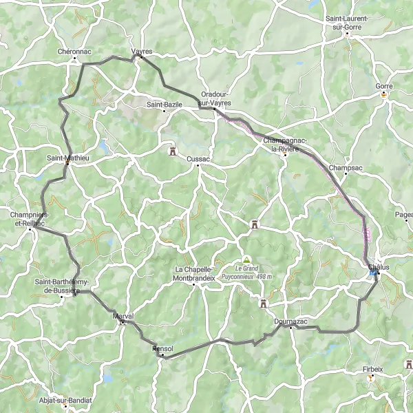 Map miniature of "Dournazac Adventure Road Cycling Loop" cycling inspiration in Limousin, France. Generated by Tarmacs.app cycling route planner