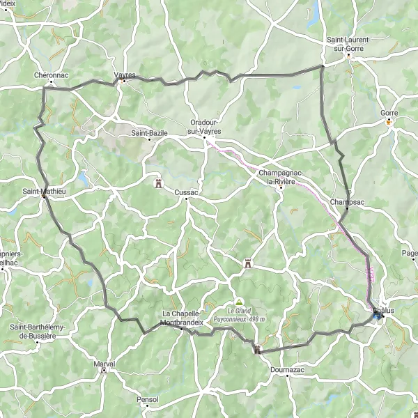 Map miniature of "Montbrandeix Circuit Road Cycling Route" cycling inspiration in Limousin, France. Generated by Tarmacs.app cycling route planner