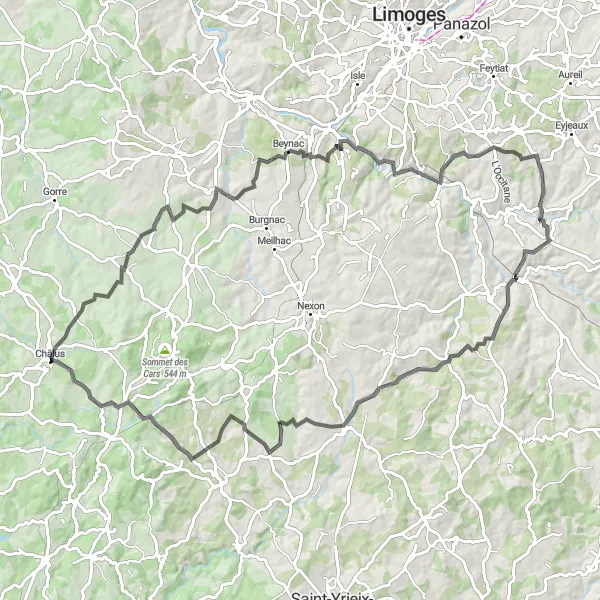 Miniature de la carte de l'inspiration cycliste "Les Collines de la Haute-Vienne" dans la Limousin, France. Générée par le planificateur d'itinéraire cycliste Tarmacs.app