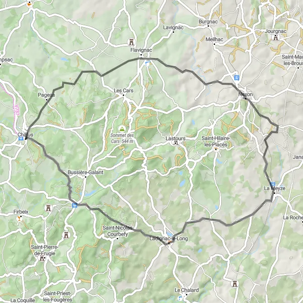 Map miniature of "Châlus and Courbefy Loop" cycling inspiration in Limousin, France. Generated by Tarmacs.app cycling route planner