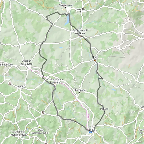 Miniature de la carte de l'inspiration cycliste "Boucle Champagnac-la-Rivière" dans la Limousin, France. Générée par le planificateur d'itinéraire cycliste Tarmacs.app