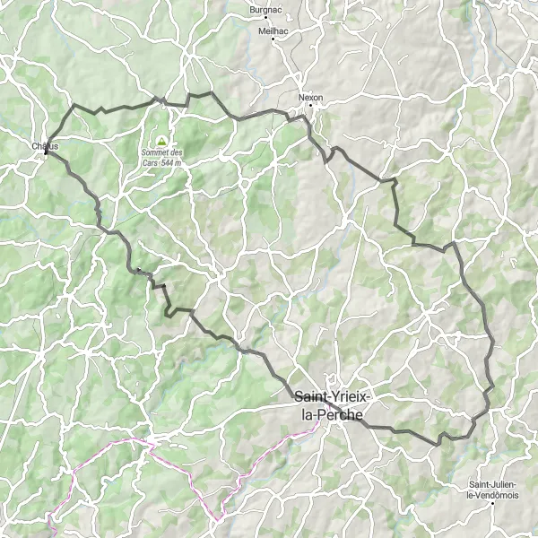 Miniature de la carte de l'inspiration cycliste "La Route des Châteaux de la Haute-Vienne" dans la Limousin, France. Générée par le planificateur d'itinéraire cycliste Tarmacs.app