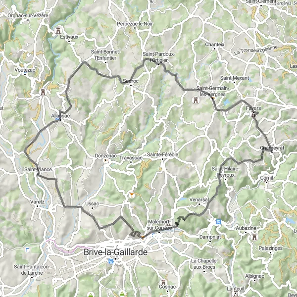 Map miniature of "Chameyrat - Saint-Hilaire-Peyroux - Malemort-sur-Corrèze - Saint-Viance - Allassac - Saint-Pardoux-l'Ortigier - Favars Round Trip" cycling inspiration in Limousin, France. Generated by Tarmacs.app cycling route planner