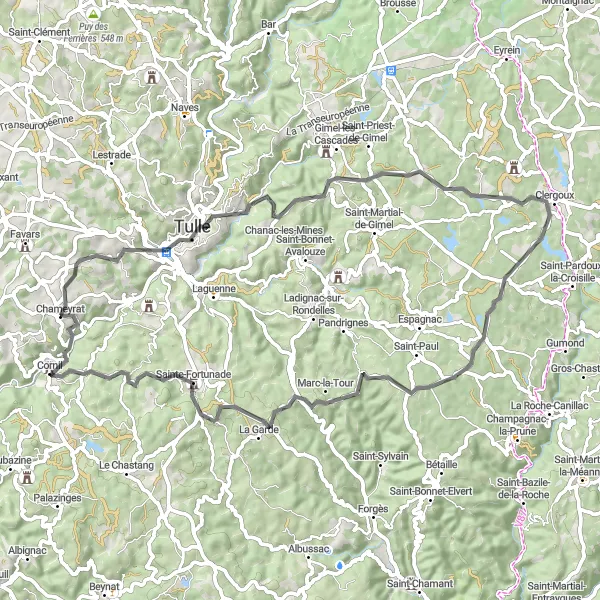 Map miniature of "Chameyrat - Tulle - La Butte - Clergoux - Marc-la-Tour - Cornil Round Trip" cycling inspiration in Limousin, France. Generated by Tarmacs.app cycling route planner