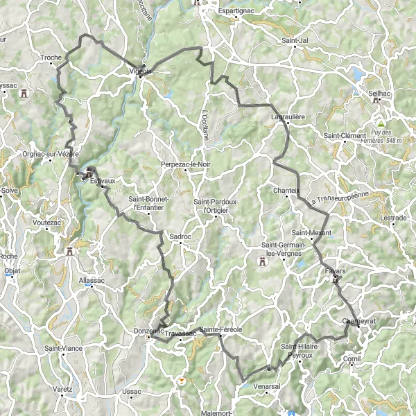 Map miniature of "Chameyrat - Sainte-Féréole - Estivaux - Vigeois - Lagraulière - Favars Round Trip" cycling inspiration in Limousin, France. Generated by Tarmacs.app cycling route planner