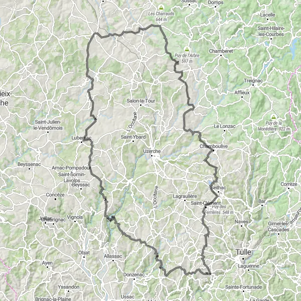 Map miniature of "Through the Heart of Limousin" cycling inspiration in Limousin, France. Generated by Tarmacs.app cycling route planner