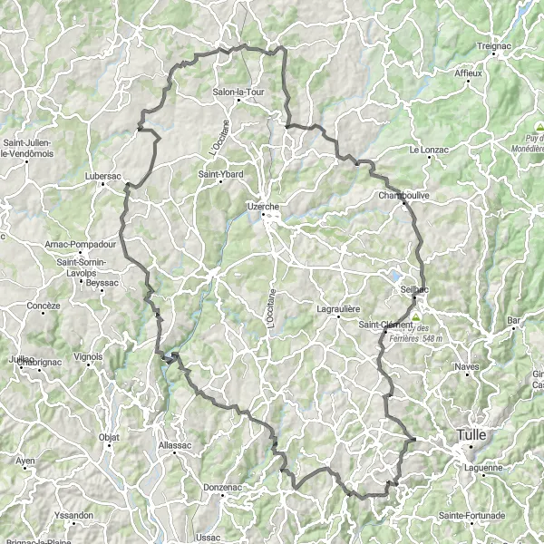 Miniature de la carte de l'inspiration cycliste "Les Collines de Limousin" dans la Limousin, France. Générée par le planificateur d'itinéraire cycliste Tarmacs.app