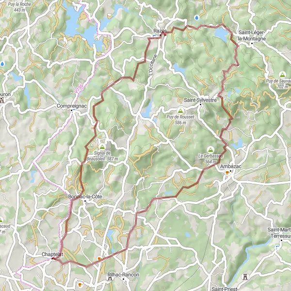 Map miniature of "Explore the Gravel Roads near Chaptelat" cycling inspiration in Limousin, France. Generated by Tarmacs.app cycling route planner