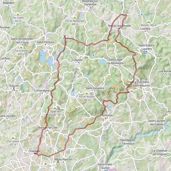 Map miniature of "Countryside Gravel Cycling Adventure near Chaptelat" cycling inspiration in Limousin, France. Generated by Tarmacs.app cycling route planner