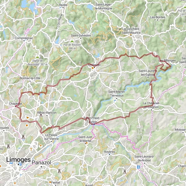 Miniature de la carte de l'inspiration cycliste "Itinéraire gravel à travers les montagnes limousines" dans la Limousin, France. Générée par le planificateur d'itinéraire cycliste Tarmacs.app