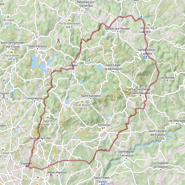 Map miniature of "Chaptelat Gravel Adventure" cycling inspiration in Limousin, France. Generated by Tarmacs.app cycling route planner