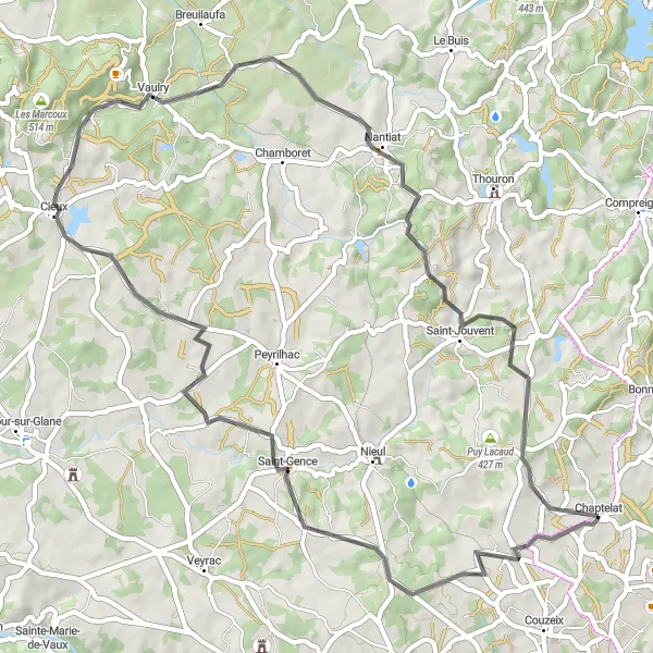 Miniature de la carte de l'inspiration cycliste "Tour des Châteaux" dans la Limousin, France. Générée par le planificateur d'itinéraire cycliste Tarmacs.app