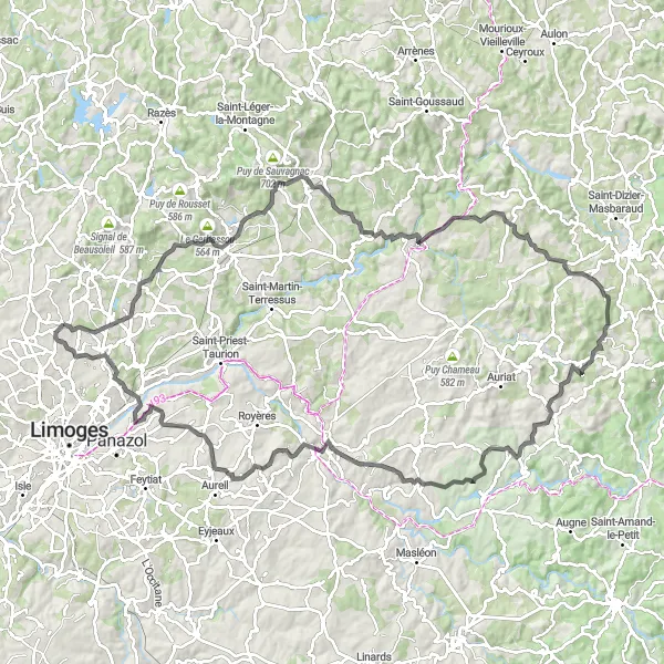 Map miniature of "Limousin Epic Road Cycling Route" cycling inspiration in Limousin, France. Generated by Tarmacs.app cycling route planner