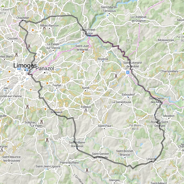 Miniature de la carte de l'inspiration cycliste "Les Collines de Limousin" dans la Limousin, France. Générée par le planificateur d'itinéraire cycliste Tarmacs.app