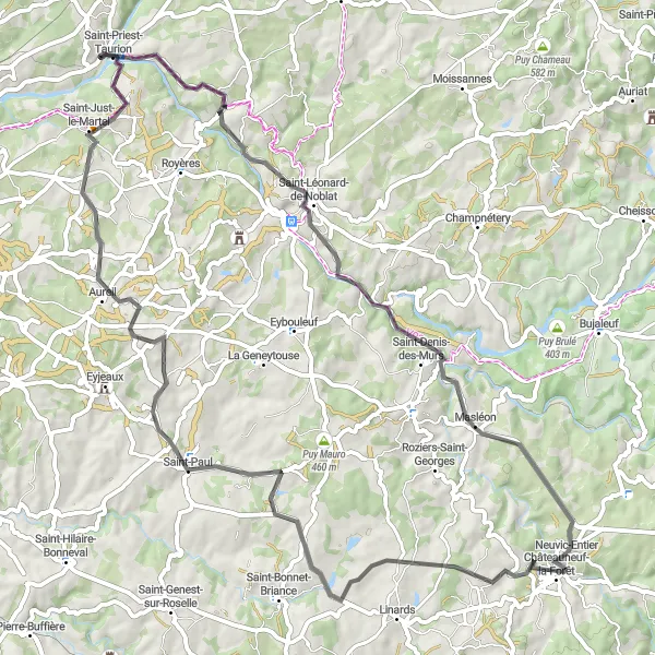 Map miniature of "The Forest Wine Route" cycling inspiration in Limousin, France. Generated by Tarmacs.app cycling route planner