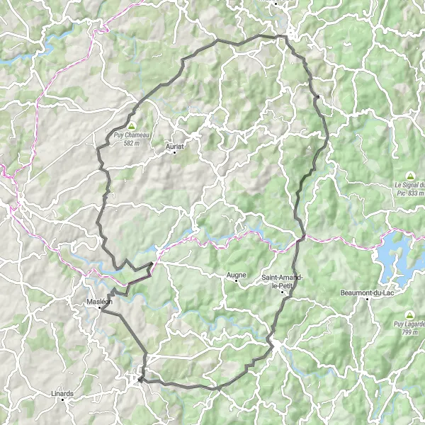 Map miniature of "The Lake and Castle Route" cycling inspiration in Limousin, France. Generated by Tarmacs.app cycling route planner