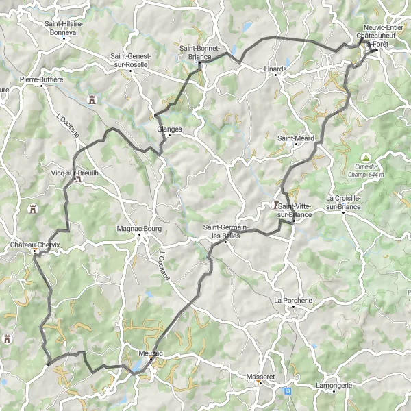 Miniature de la carte de l'inspiration cycliste "Parcours à travers les Collines Limousines" dans la Limousin, France. Générée par le planificateur d'itinéraire cycliste Tarmacs.app