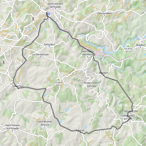 Miniature de la carte de l'inspiration cycliste "Balade à travers les Vallées et Collines du Limousin" dans la Limousin, France. Générée par le planificateur d'itinéraire cycliste Tarmacs.app