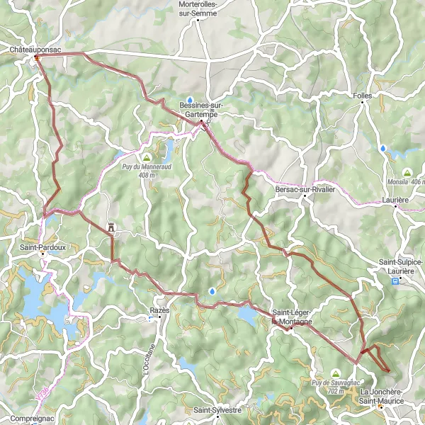 Map miniature of "Thrilling Gravel Ride to Bessines-sur-Gartempe" cycling inspiration in Limousin, France. Generated by Tarmacs.app cycling route planner