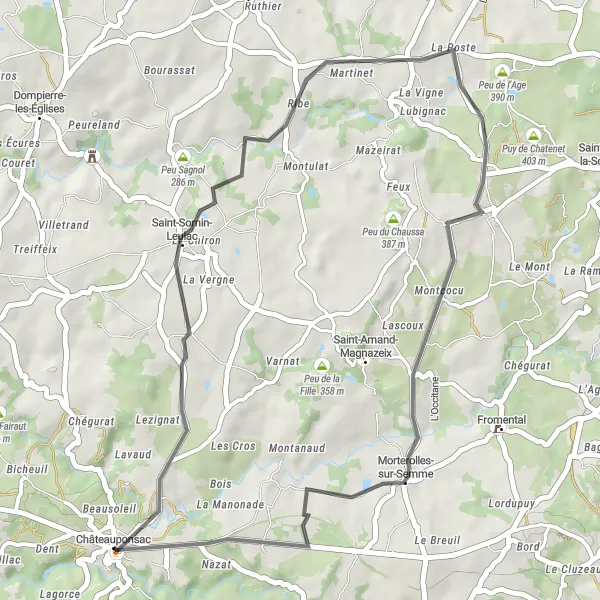 Map miniature of "Limousin Countryside Ride" cycling inspiration in Limousin, France. Generated by Tarmacs.app cycling route planner