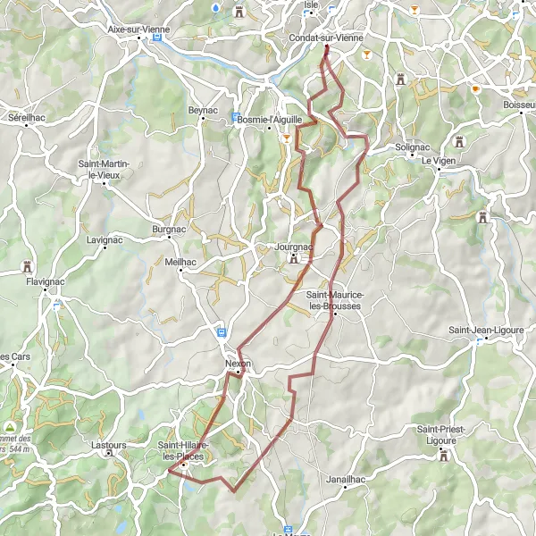 Miniature de la carte de l'inspiration cycliste "L'Escapade gravel autour de Condat" dans la Limousin, France. Générée par le planificateur d'itinéraire cycliste Tarmacs.app