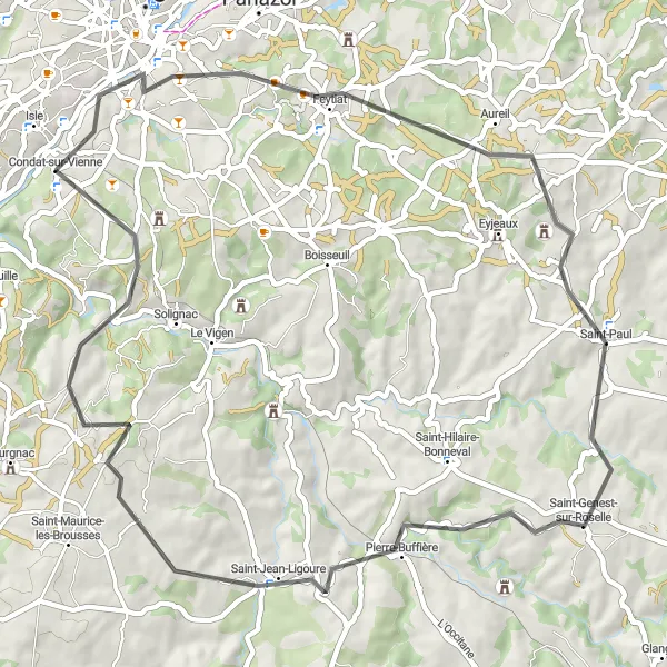 Map miniature of "Feytiat and Saint-Genest-sur-Roselle Loop" cycling inspiration in Limousin, France. Generated by Tarmacs.app cycling route planner