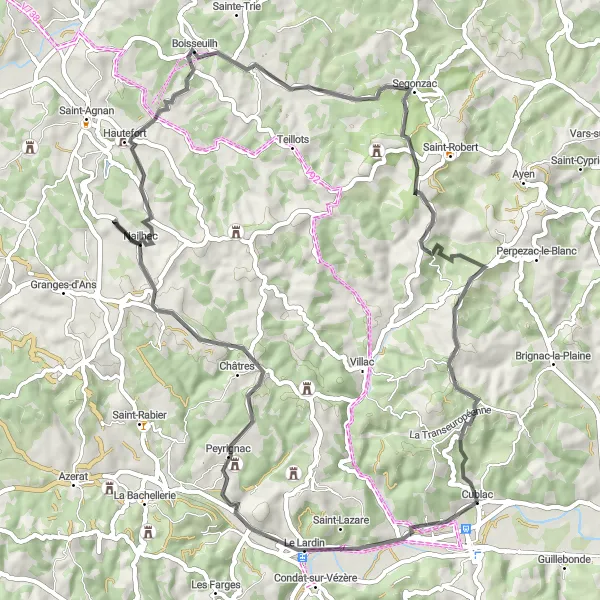 Map miniature of "Nailhac Explorations" cycling inspiration in Limousin, France. Generated by Tarmacs.app cycling route planner