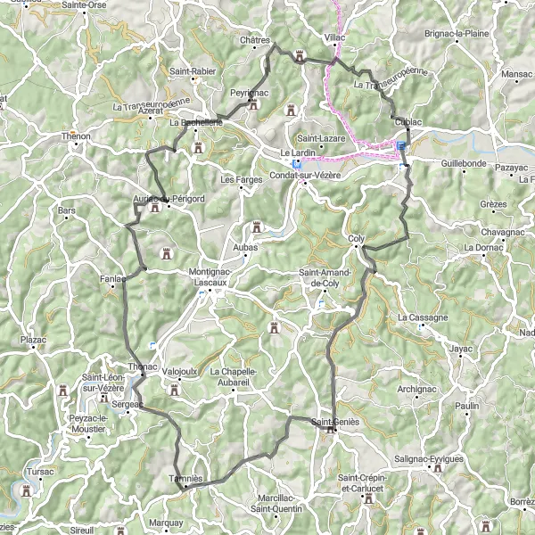 Map miniature of "Terrasson-Lavilledieu Circuit" cycling inspiration in Limousin, France. Generated by Tarmacs.app cycling route planner